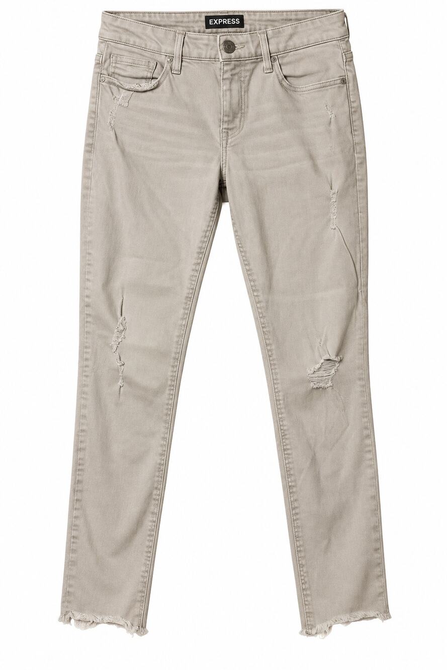 Express Womens 2 Khaki Skinny Pants Cropped Distressed Mid Rise Stretch Tan